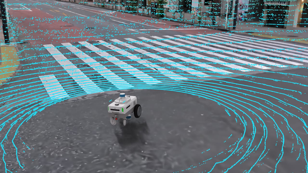 渋谷スクランブル交差点の3DGSをNova CarterがRTX LiDARを回しながら走る図