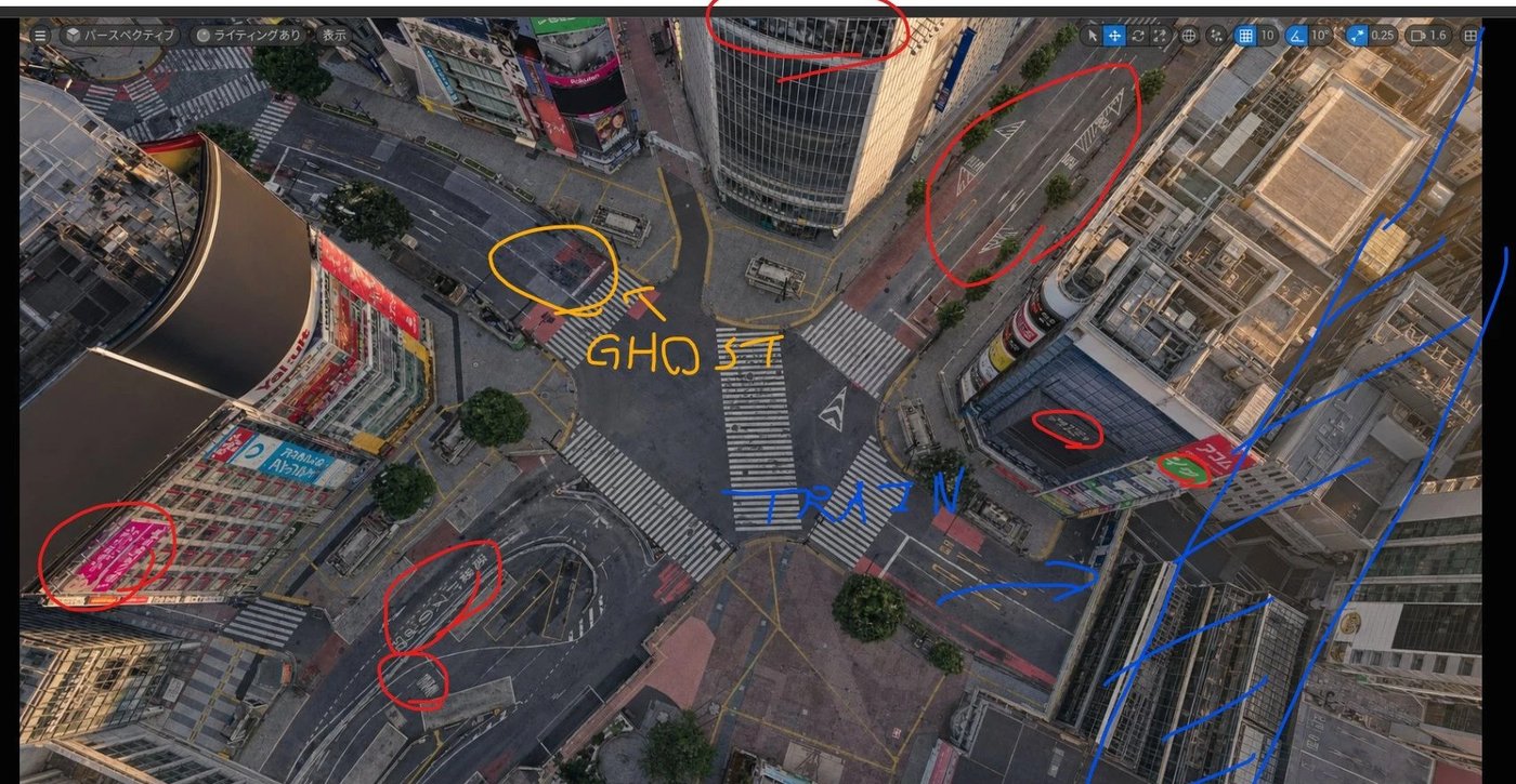 Annotated image marking AI completion artifacts: ghost structures, an implausible generated train, and broken signage text, circled in red, yellow, and blue