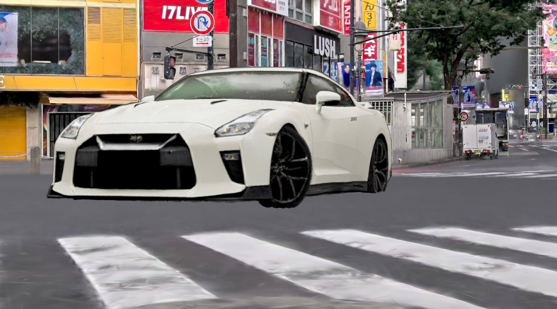 A CG sports car composited onto the street of the Shibuya 3DGS scan