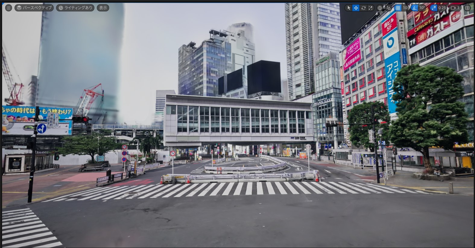 The Shibuya scramble crossing 3DGS scan loaded into a UE5 viewport, ground-level angle, daytime