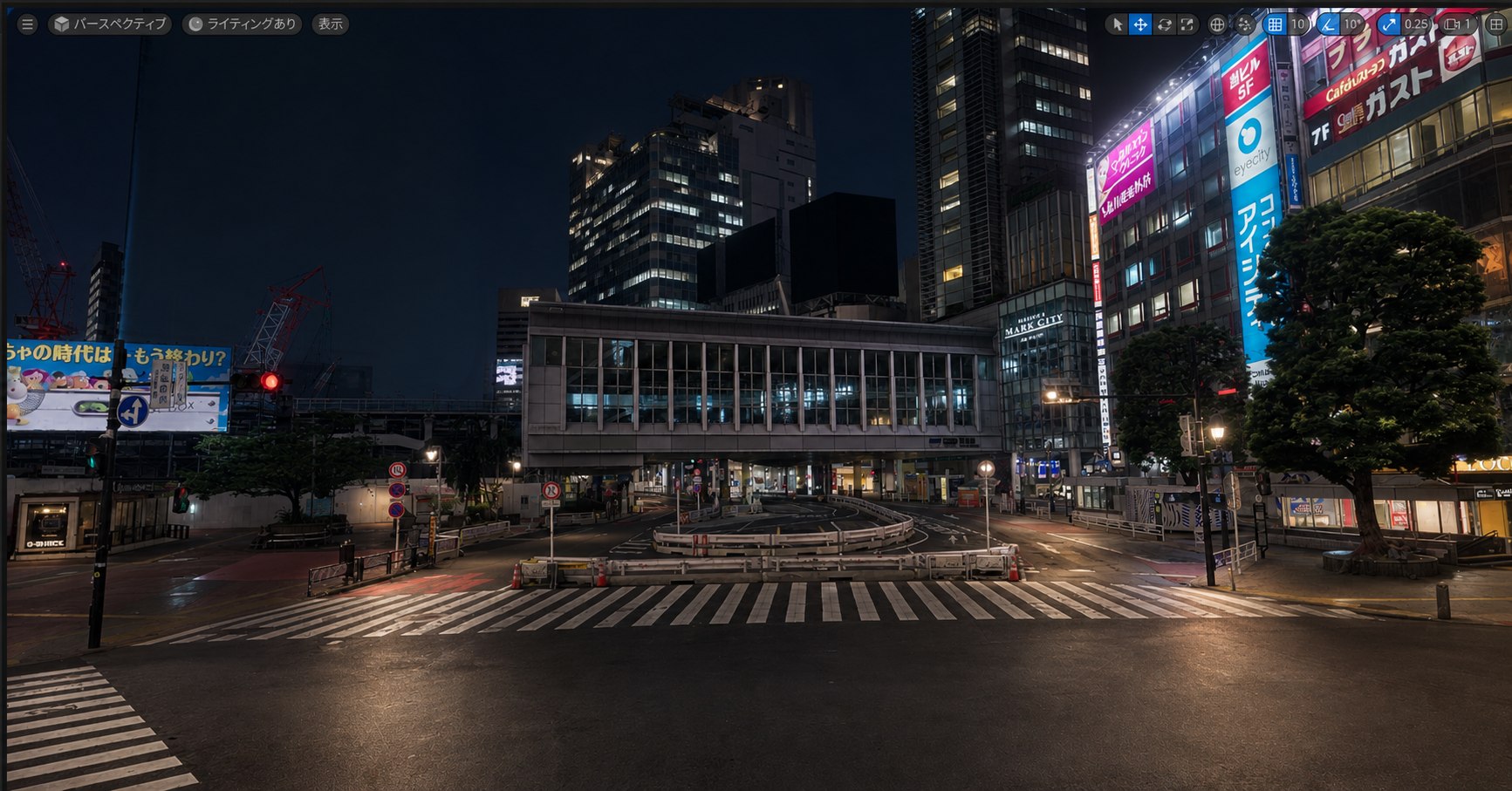 A night view of the Shibuya scramble crossing generated with the prompt 'make it night'