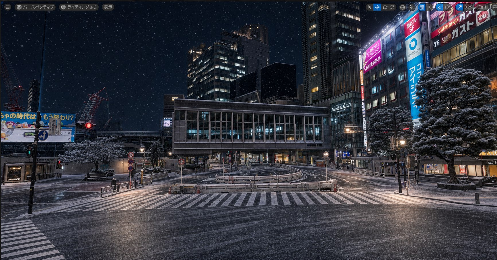 A snowy night view of the Shibuya scramble crossing generated with the prompt 'make it a snowy night'