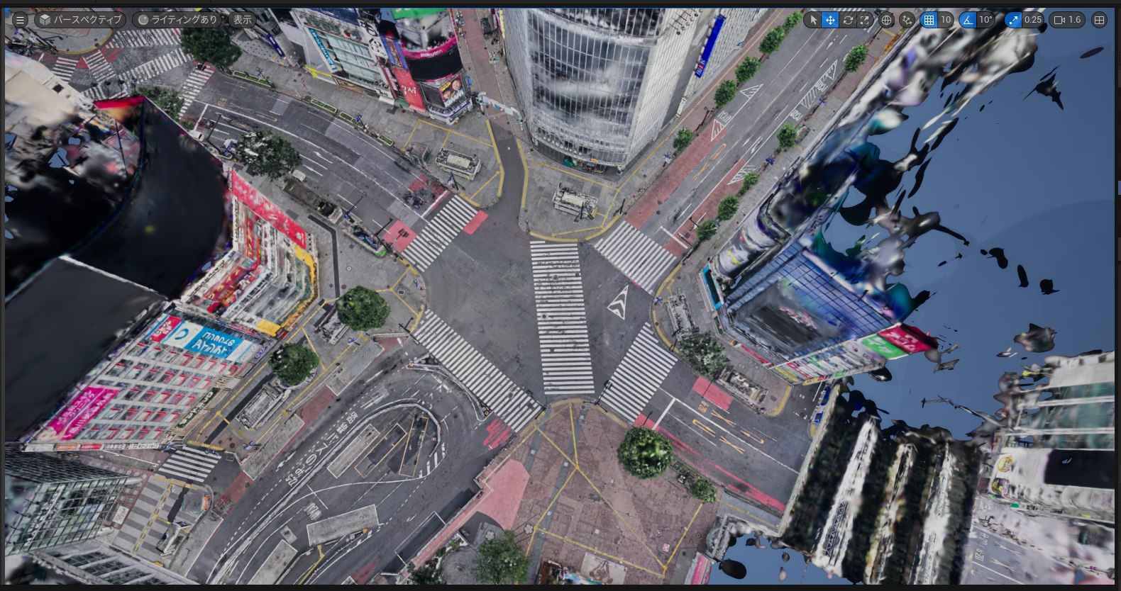 A straight-down aerial angle of the Shibuya scramble crossing created with a UE5 virtual camera, daytime
