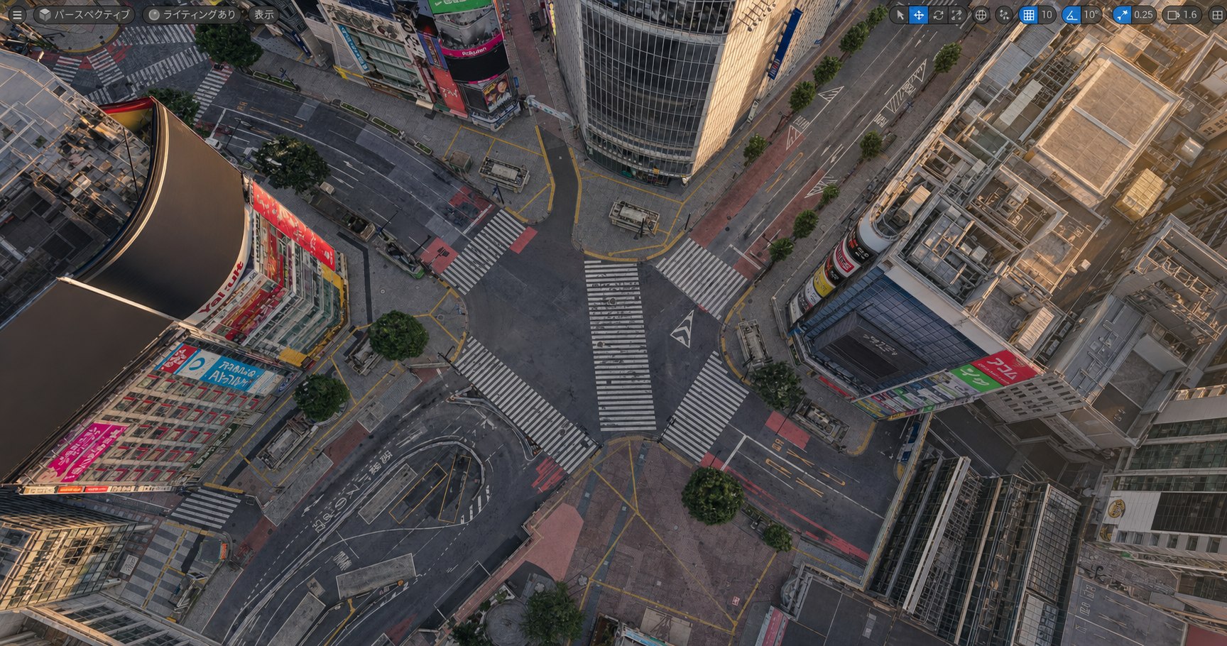 The straight-down Shibuya angle changed to dusk lighting with AI